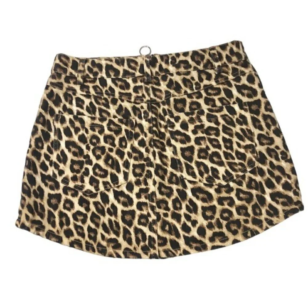 Forever 21 Leopard Zip Front Mini Skirt Sz M Casual Moto Denim Grunge Gothic